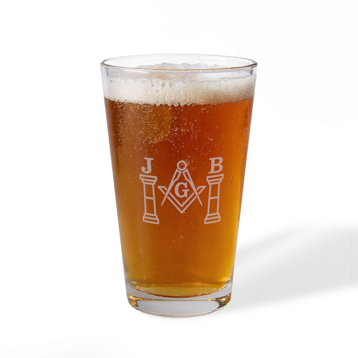 Master Mason Blue Lodge Pint Glass - Square & Compasses G with J&B Pillars - Bricks Masons