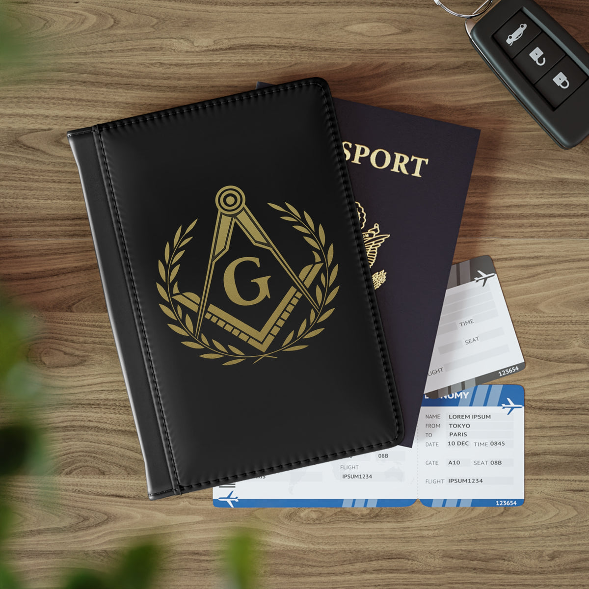 Master Mason Blue Lodge Passport Cover - Black & Gold With Wreath PU Leather - Bricks Masons