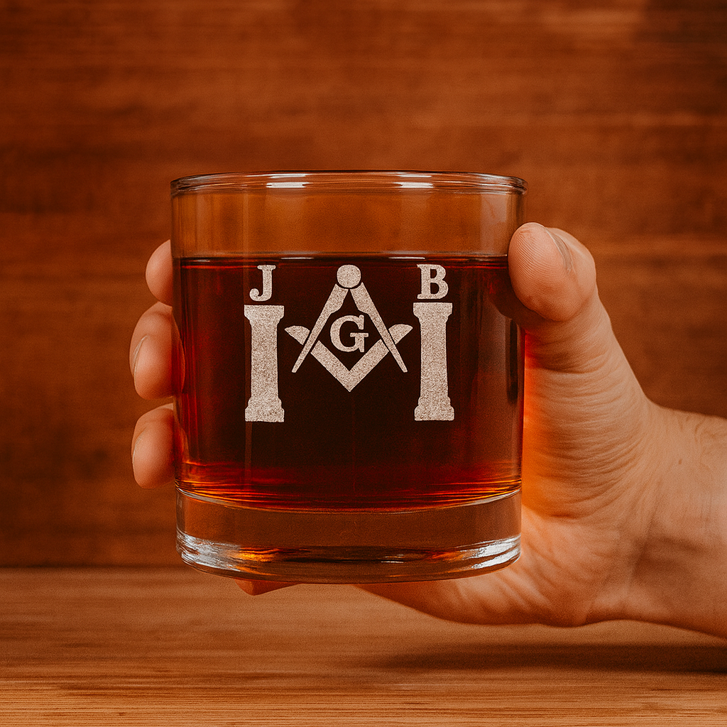 Vaso de whisky de la Logia Azul de Maestro Masón - Escuadra y compás con dos pilares J&B