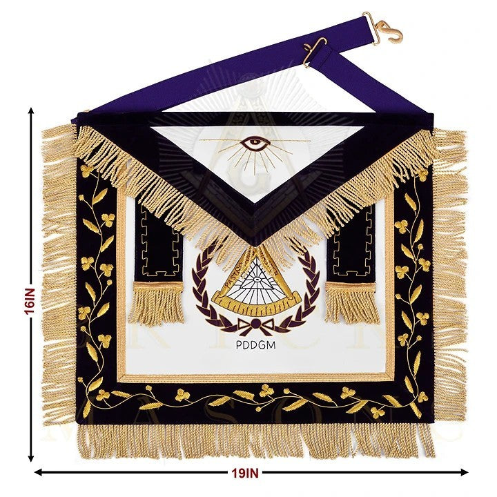 Past District Deputy Grand Master Blue Lodge Apron - Purple Velvet Golden Bullion With Wreath & Fringe - Bricks Masons