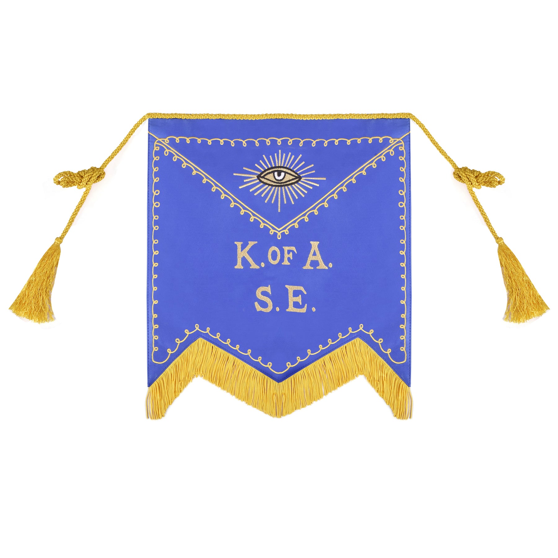 Knights of the All Seeing Eye Apron - Blue Cloth Fabric With Yellow Fringe & Tassels - Bricks Masons