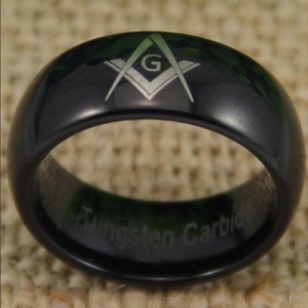 Master Mason Blue Lodge Ring - Black Dome Tungsten Personalizable - Bricks Masons