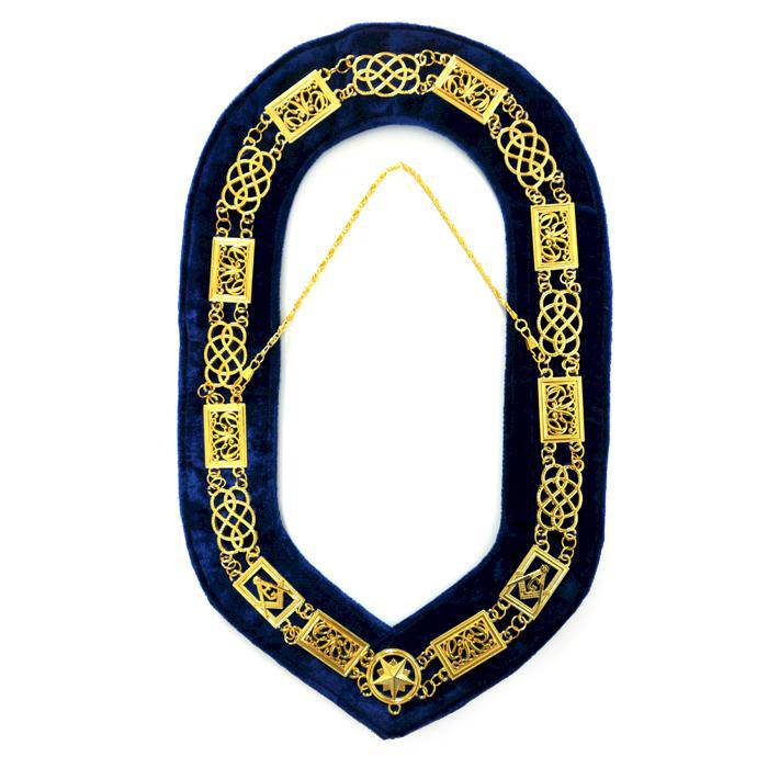 Grand Officers Blue Lodge Chain Collar - Gold Plated On Blue Velvet - Bricks Masons