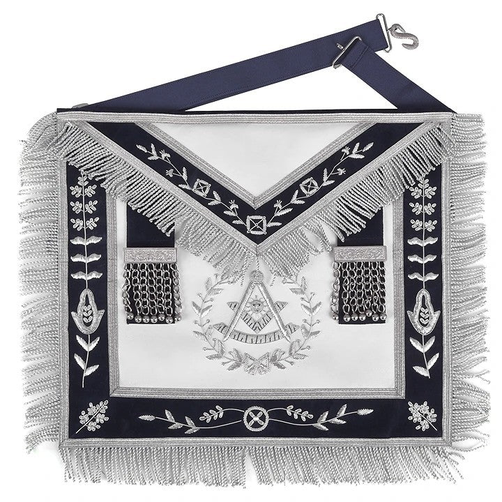 Grand Past Master Blue Lodge Apron - Blue Velvet With Silver Rayon Fringe - Bricks Masons