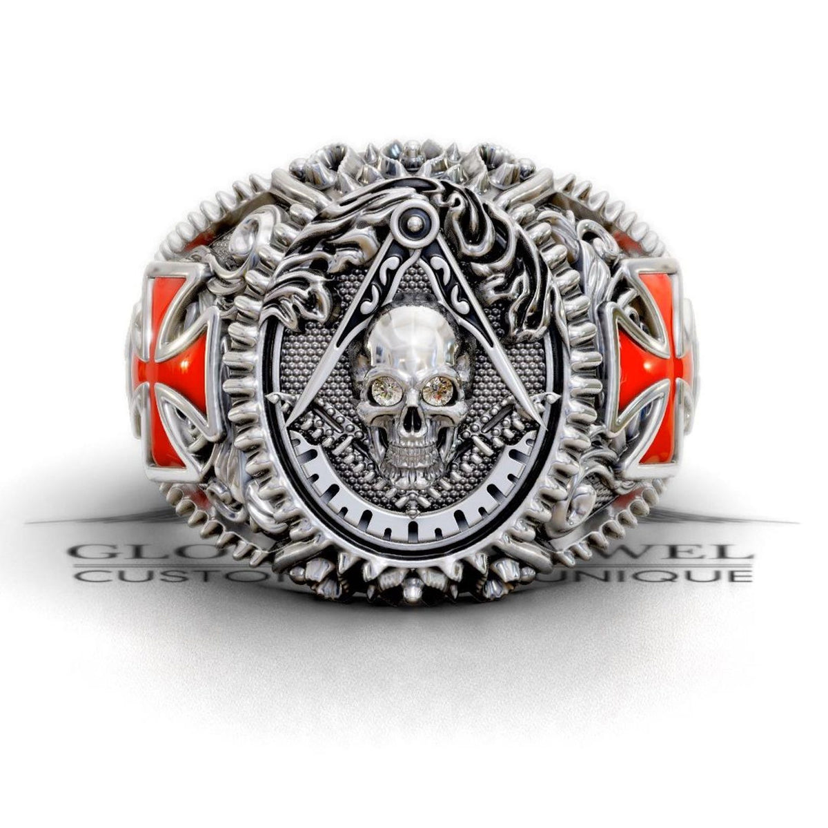 Master Mason Blue Lodge Ring - Square & Compass With Skull & Red Cross - Bricks Masons