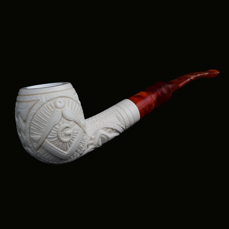 Master Mason Blue Lodge Meerschaum Pipe - Natural Bee wax Square & Compass G - Bricks Masons