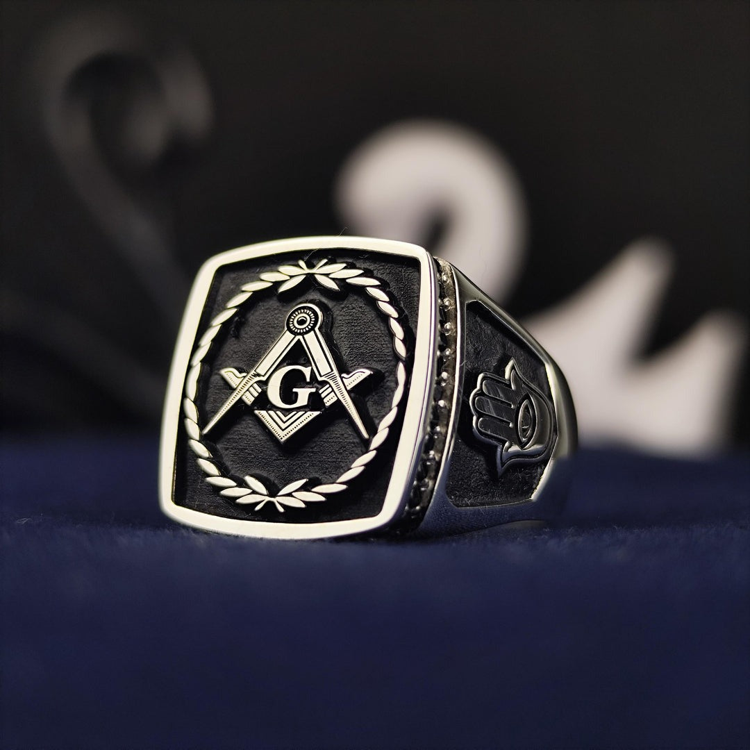 Master Mason Blue Lodge Ring - Square & Compass G with Wreath Silver & Gold - Bricks Masons