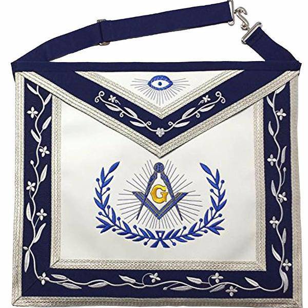 Master Mason Blue Lodge Apron - Navy Blue & White with Silver Braids - Bricks Masons