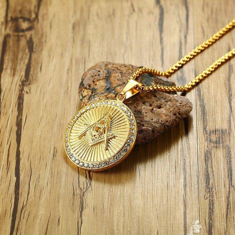 Master Mason Blue Lodge Necklace - Gold Compass and Square G Stainless Steel - Bricks Masons