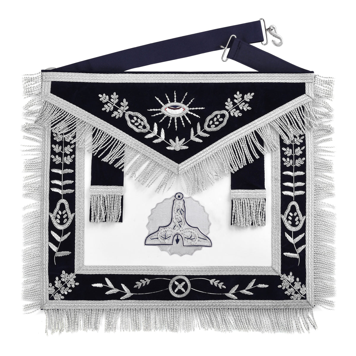 Senior Warden Blue Lodge Officer Apron - Dark Blue With Silver Hand Embroidery Bullion - Bricks Masons