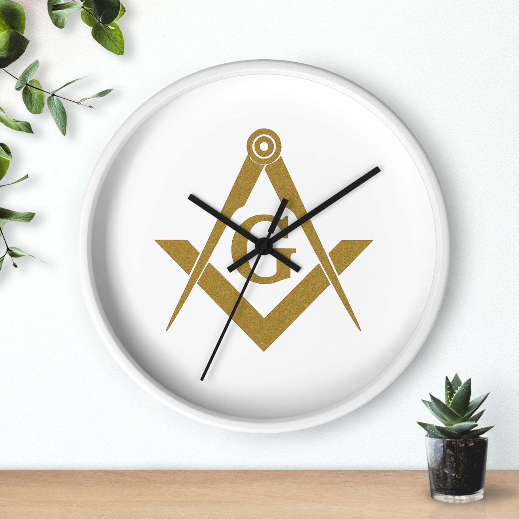 Master Mason Blue Lodge Clock - Golden Square & Compass G on White Dial - Bricks Masons