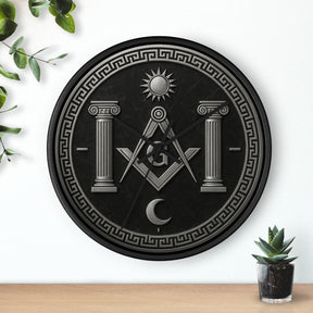Master Mason Blue Lodge Clock - S&C with Pillars Sun & Moon on Wooden Frame - Bricks Masons
