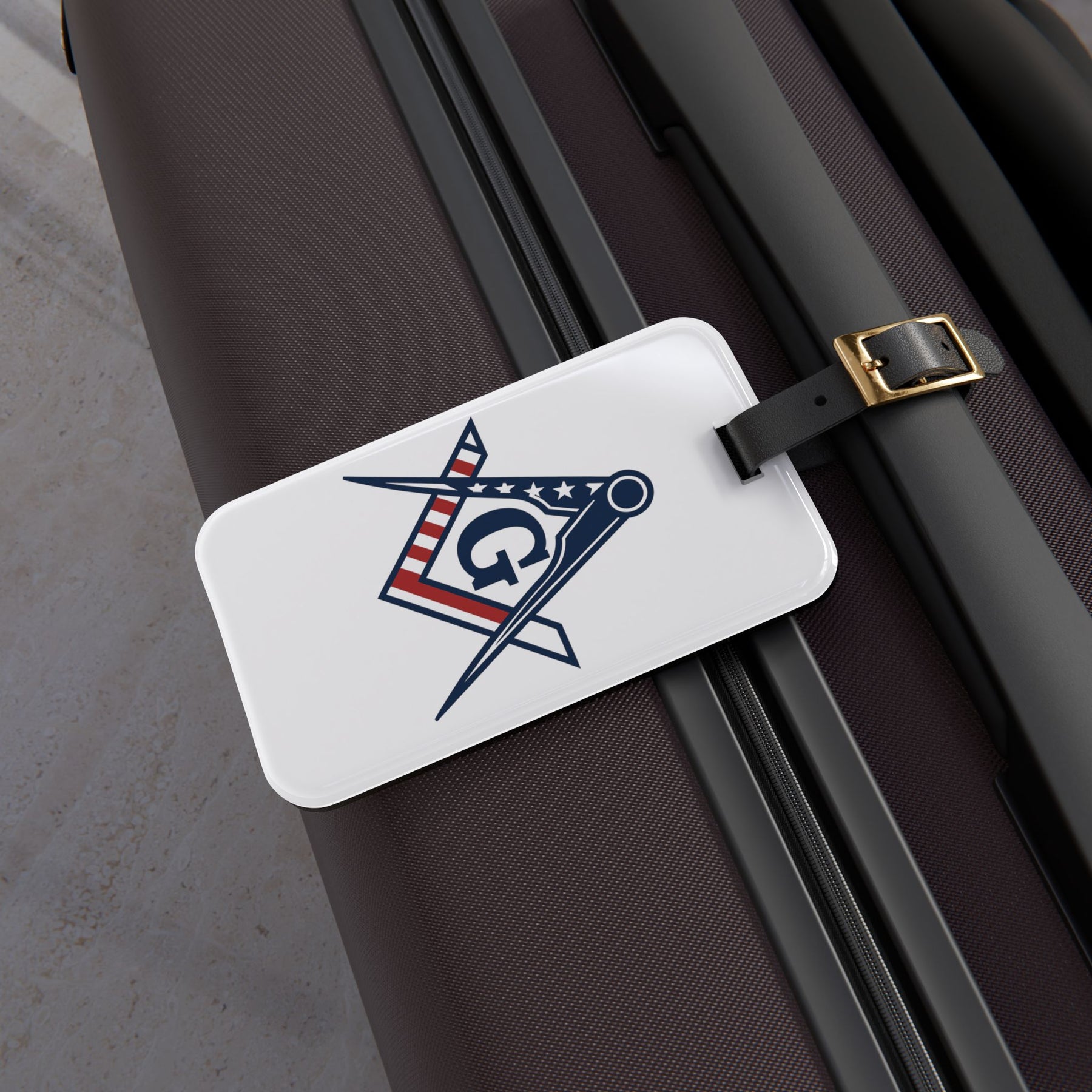 Master Mason Blue Lodge Luggage Tag - USA Flag S&C G With Black Leather Strap - Bricks Masons