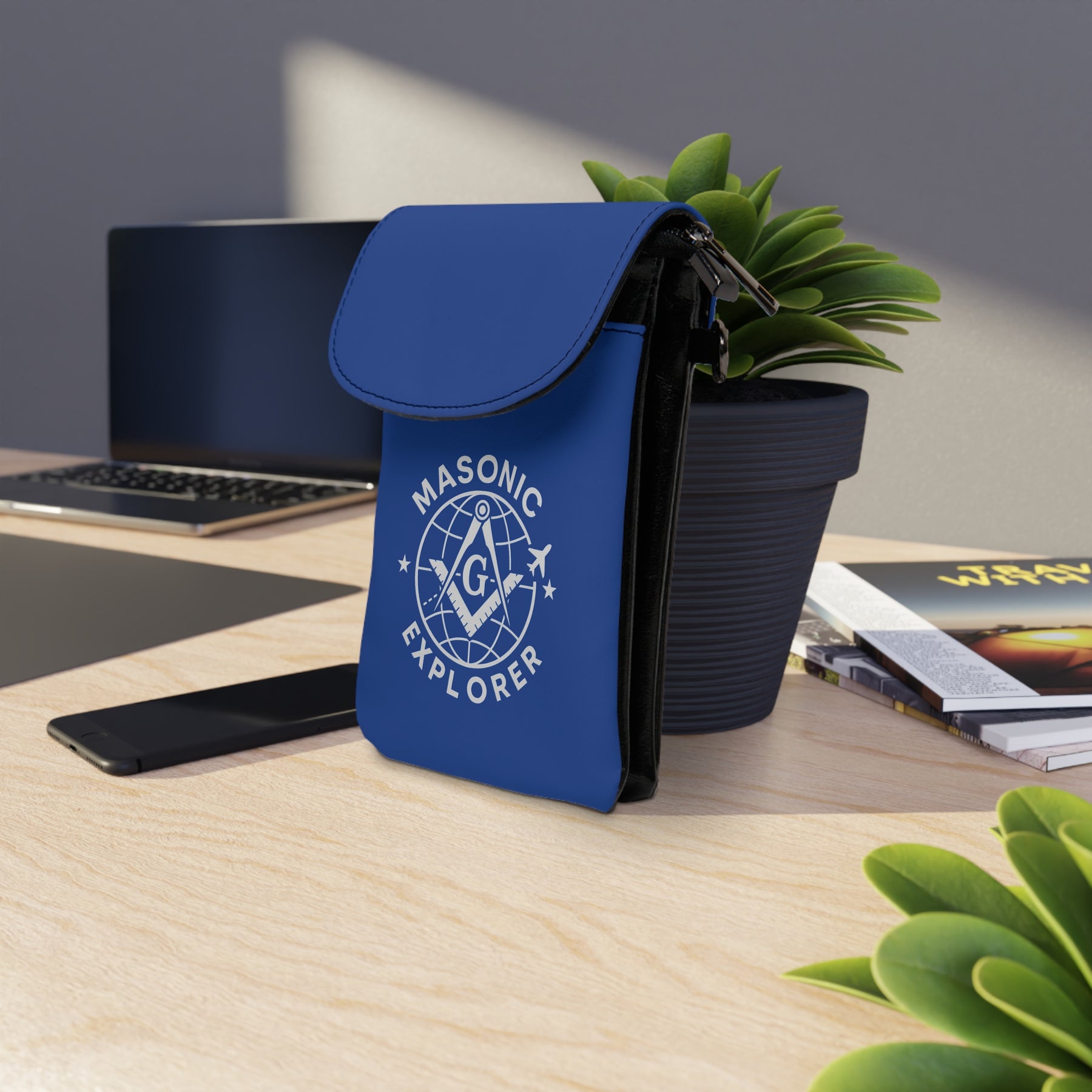 Master Mason Blue Lodge Cell Phone Wallet - Masonic Explorer Blue Microfiber Leather - Bricks Masons