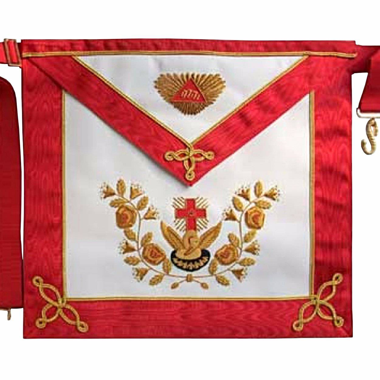 18th Degree Scottish Rite Apron - White & Red Moire Gold Hand Embroidery