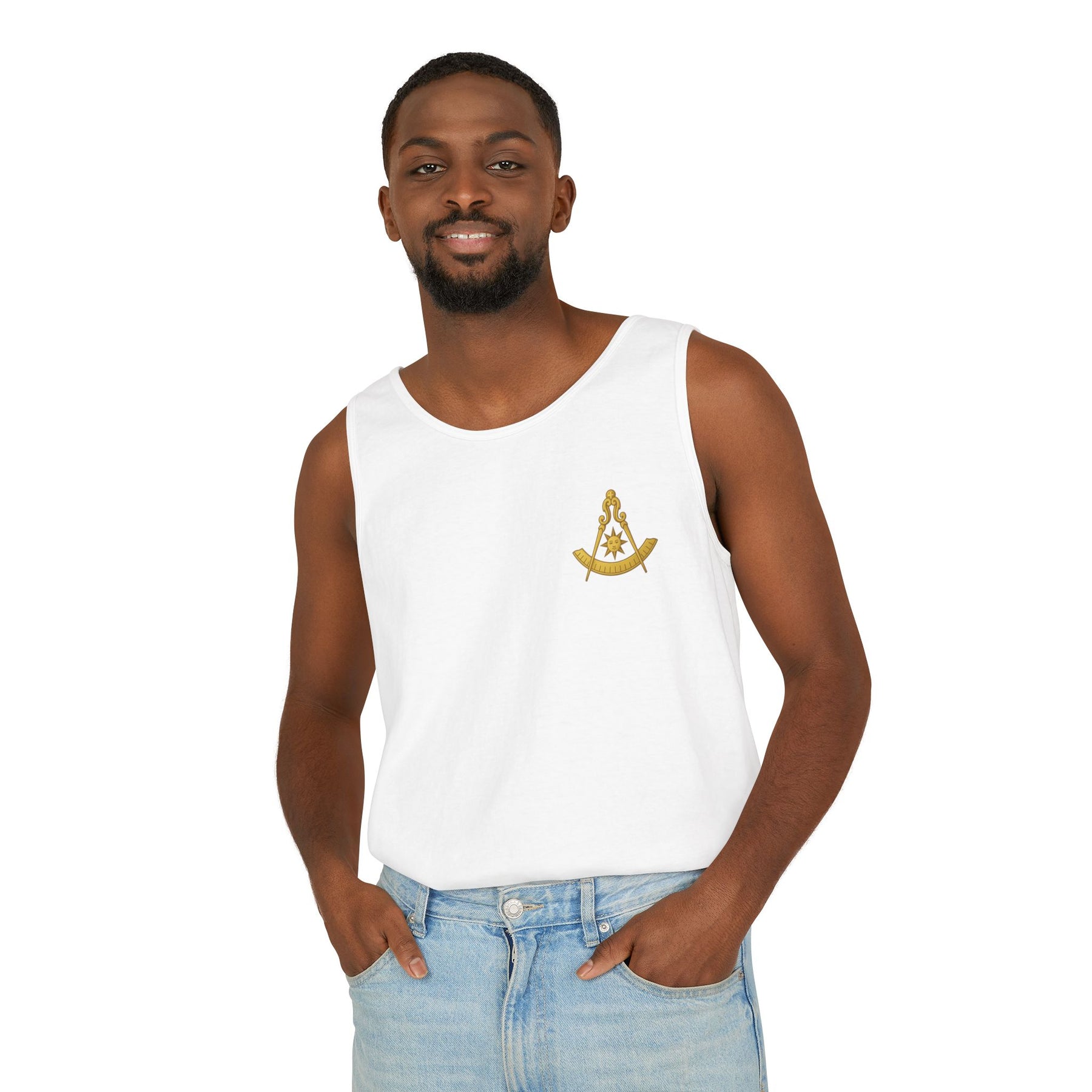 Past Master Blue Lodge Tank Top - Garment-Dyed Compass With Sun & Quadrant - Bricks Masons