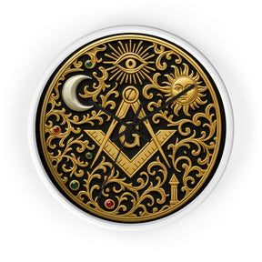 Master Mason Blue Lodge Clock - S&C G with Sun Moon & Eye with Golden Ornates - Bricks Masons