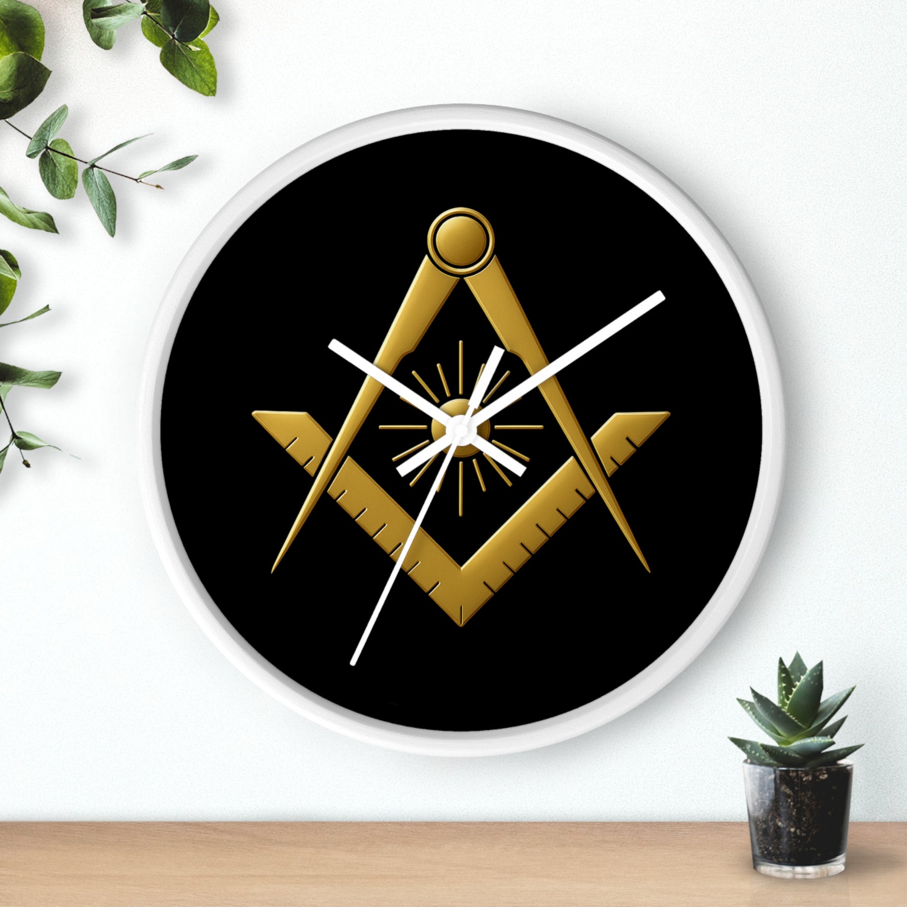 Master Mason Blue Lodge Clock - Golden S&C with Sun in Wooden Frame - Bricks Masons