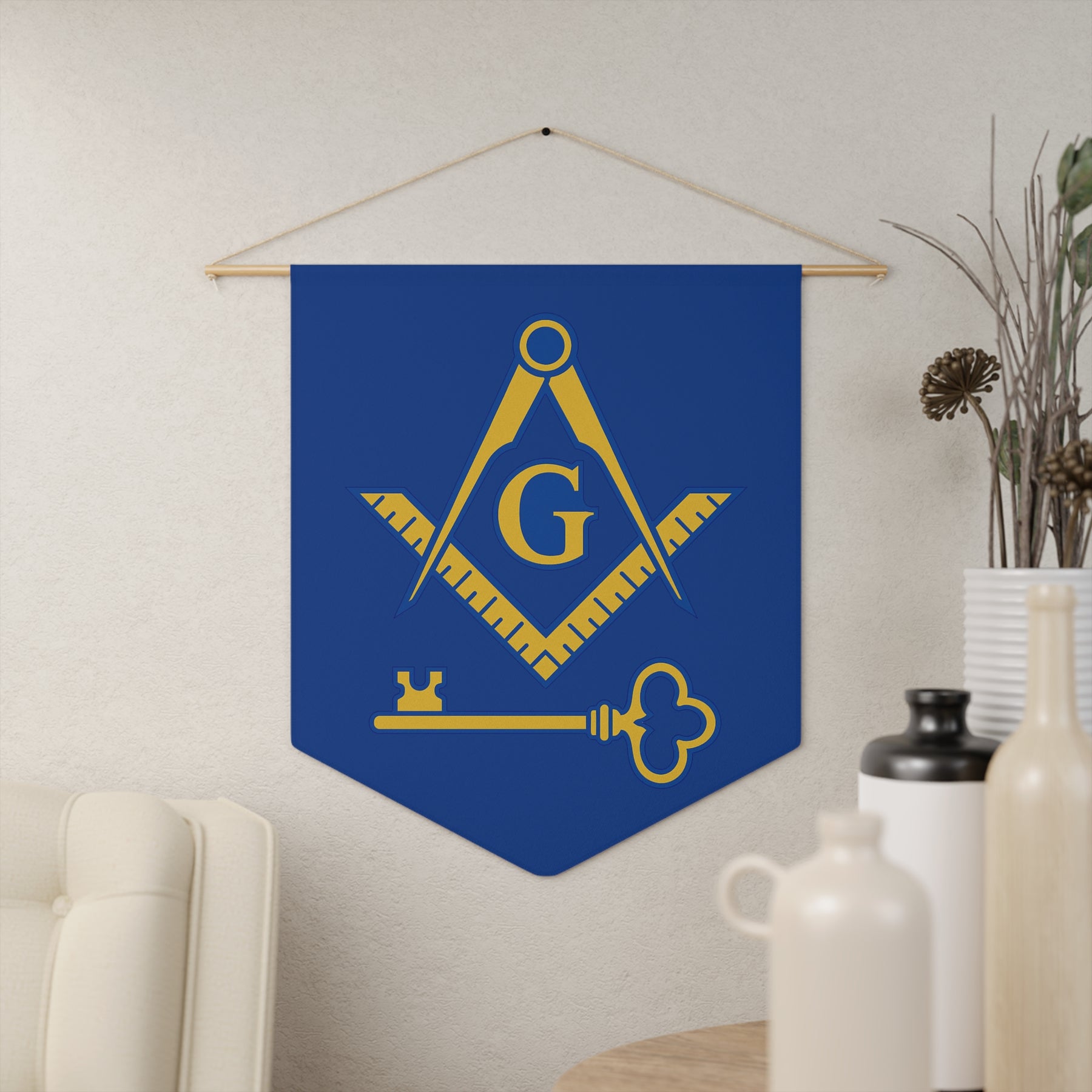 International Masons Pennant - Square and Compass G on Blue Polyester Twill - Bricks Masons