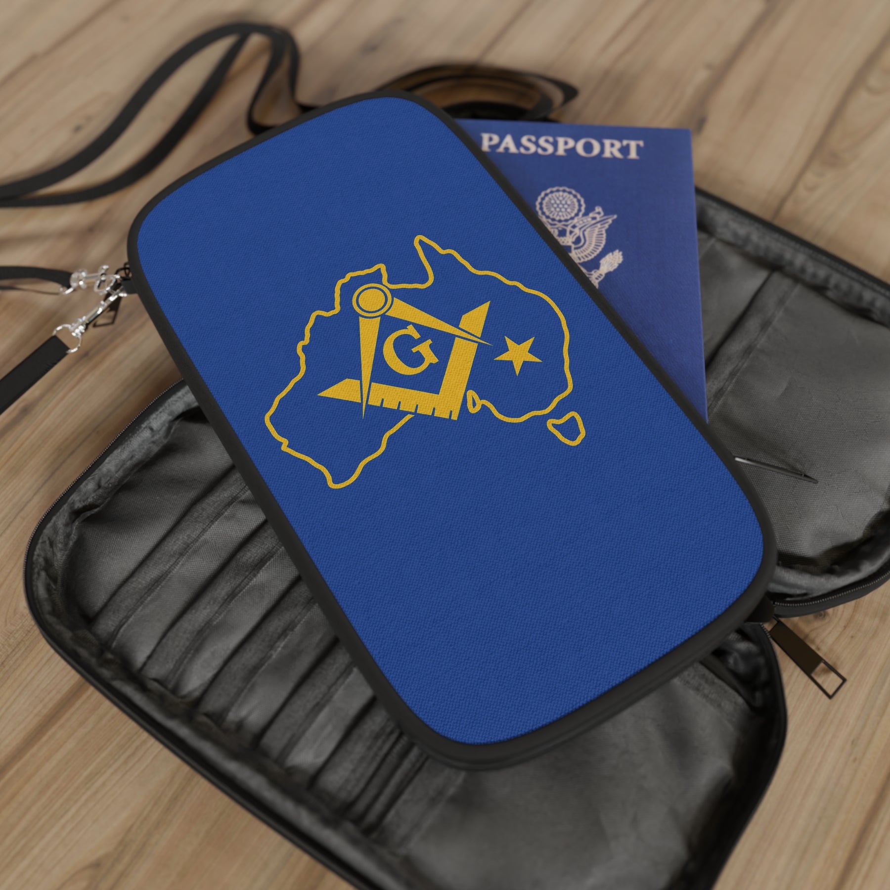Master Mason Blue Lodge Australia Jurisdiction Passport Wallet - Gold S&C With Blue - Bricks Masons
