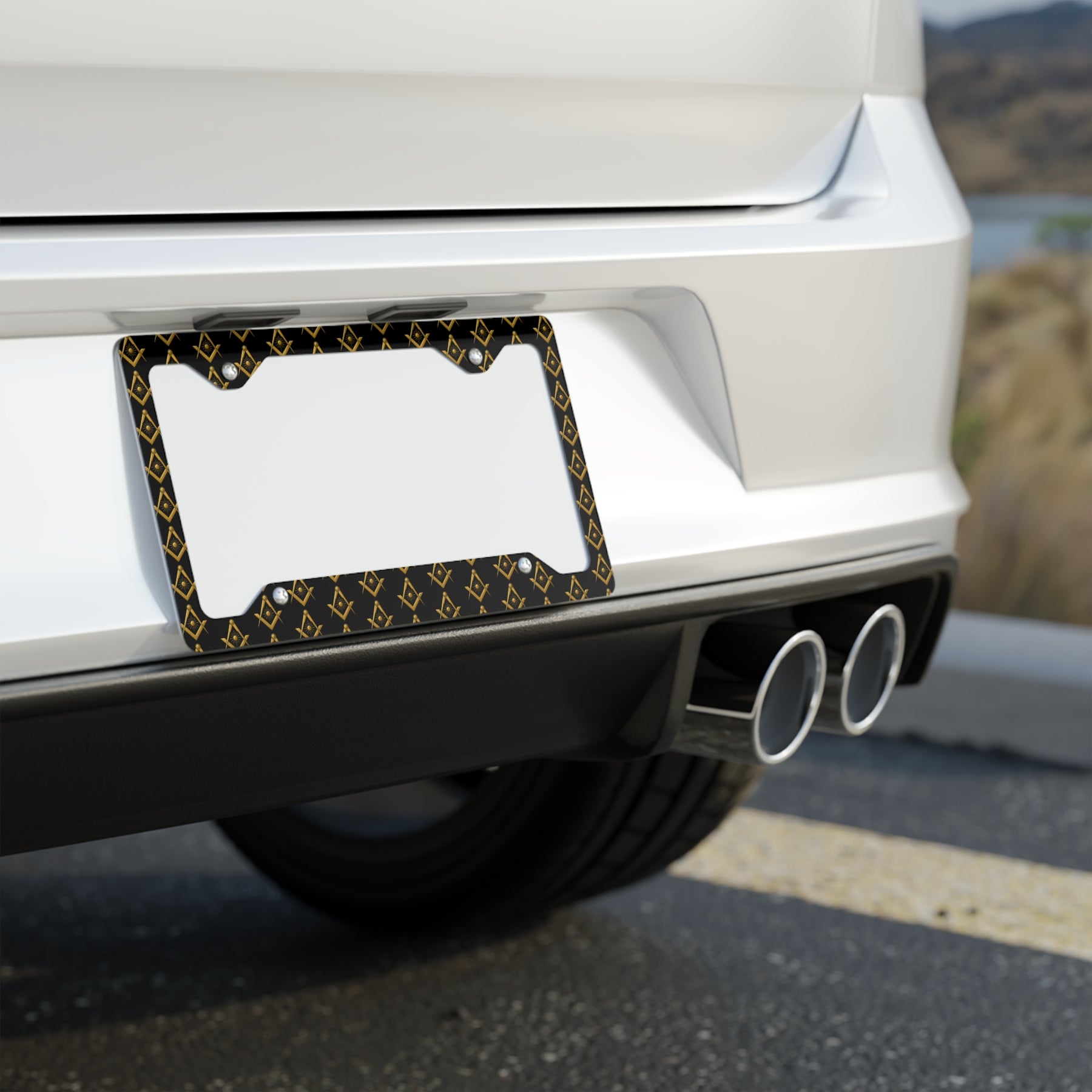 Master Mason Blue Lodge License Plate Frame - All over S&C with Sun Design Glossy Finish - Bricks Masons