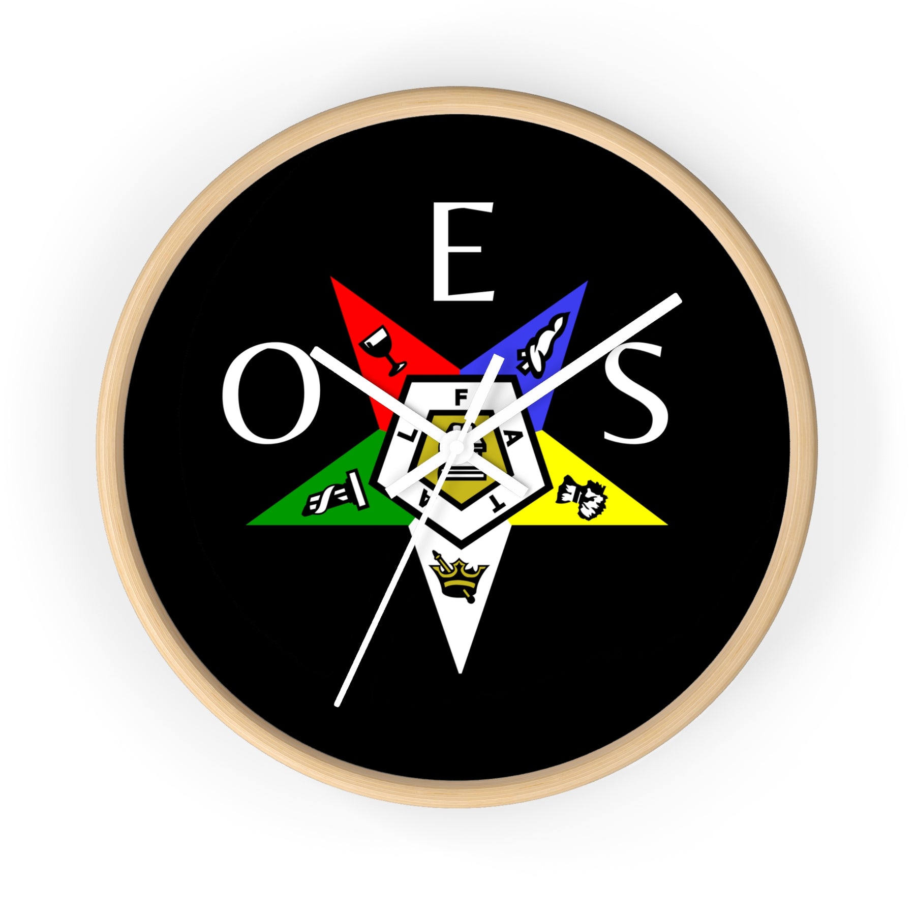 OES Clock - Colorful Star Emblem with OES Lettering on Wooden Frame - Bricks Masons