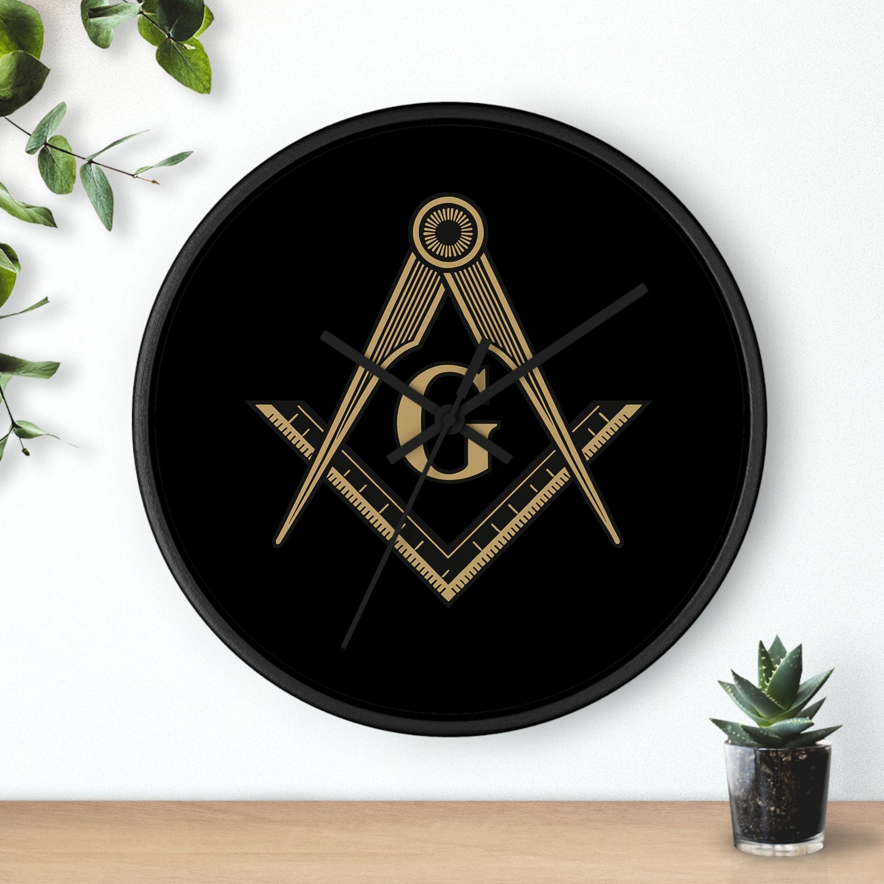 Master Mason Blue Lodge Clock - Golden S&C G on Black Dial - Bricks Masons