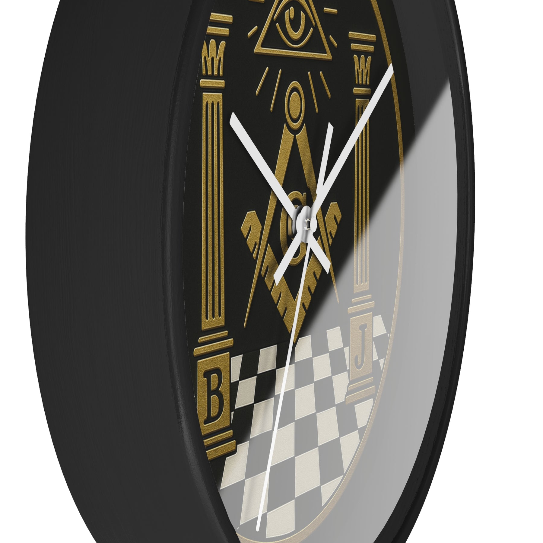 Master Mason Blue Lodge Clock - S&C with Pillars in Wooden Frame - Bricks Masons