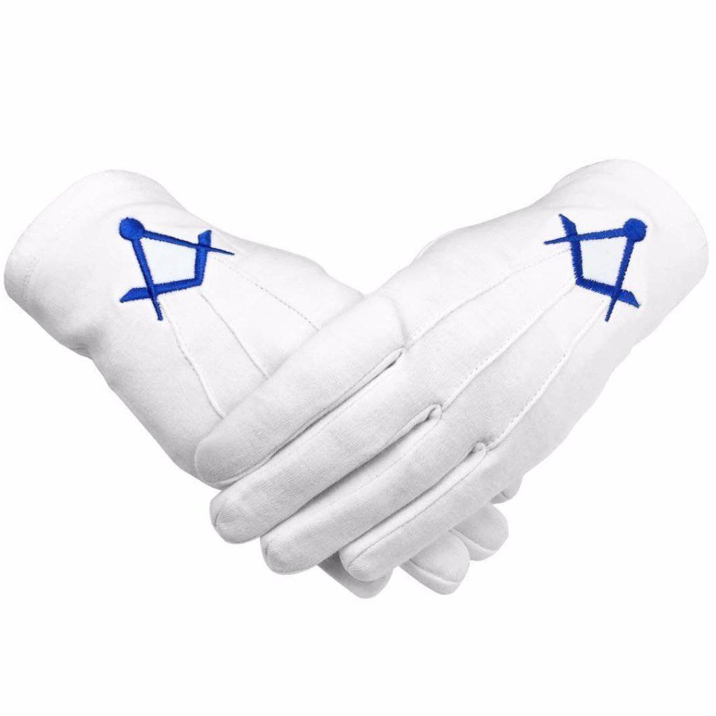 Master Mason Blue Lodge Gloves - White Cotton with Royal Blue Thin Square & Compass