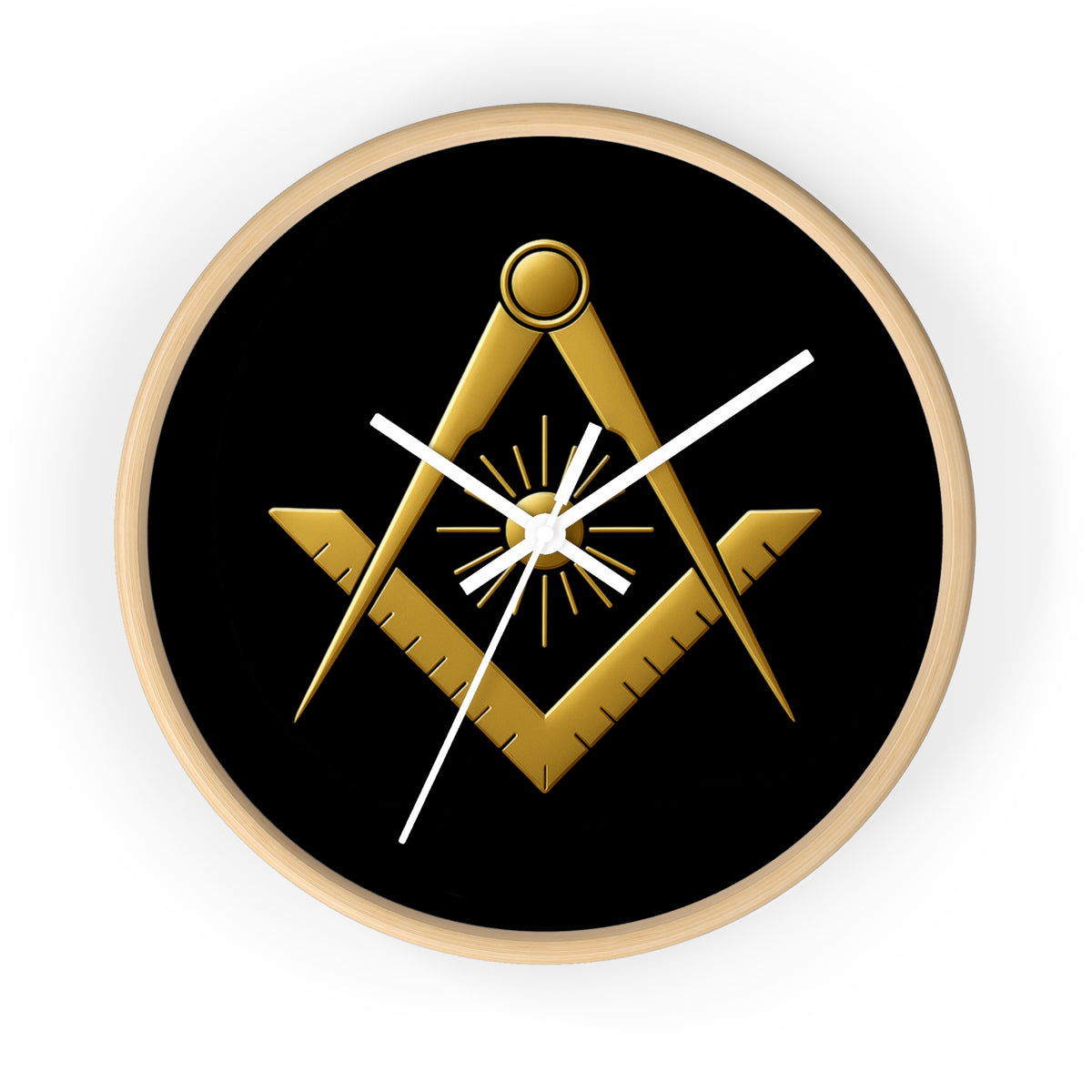 Master Mason Blue Lodge Clock - Golden S&C with Sun in Wooden Frame - Bricks Masons