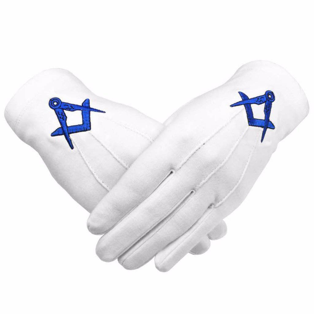 Master Mason Blue Lodge Gloves - White Cotton with Blue Square & Compass