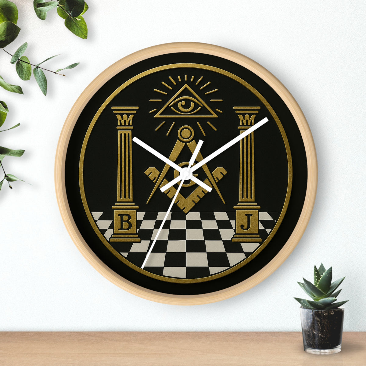 Master Mason Blue Lodge Clock - S&C with Pillars in Wooden Frame - Bricks Masons