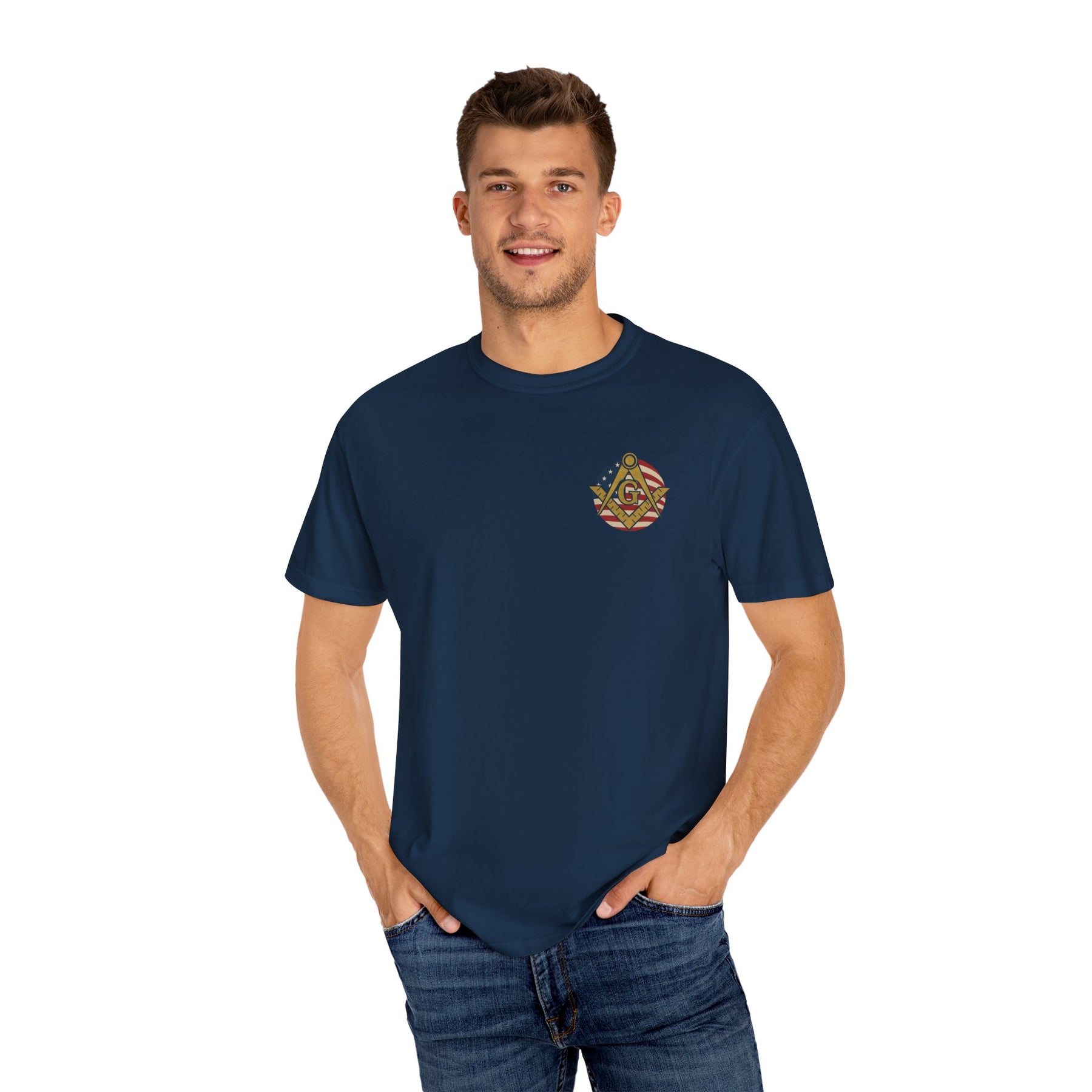Master Mason Blue Lodge T-Shirt - Garment-Dyed US Flag Square & Compass G - Bricks Masons