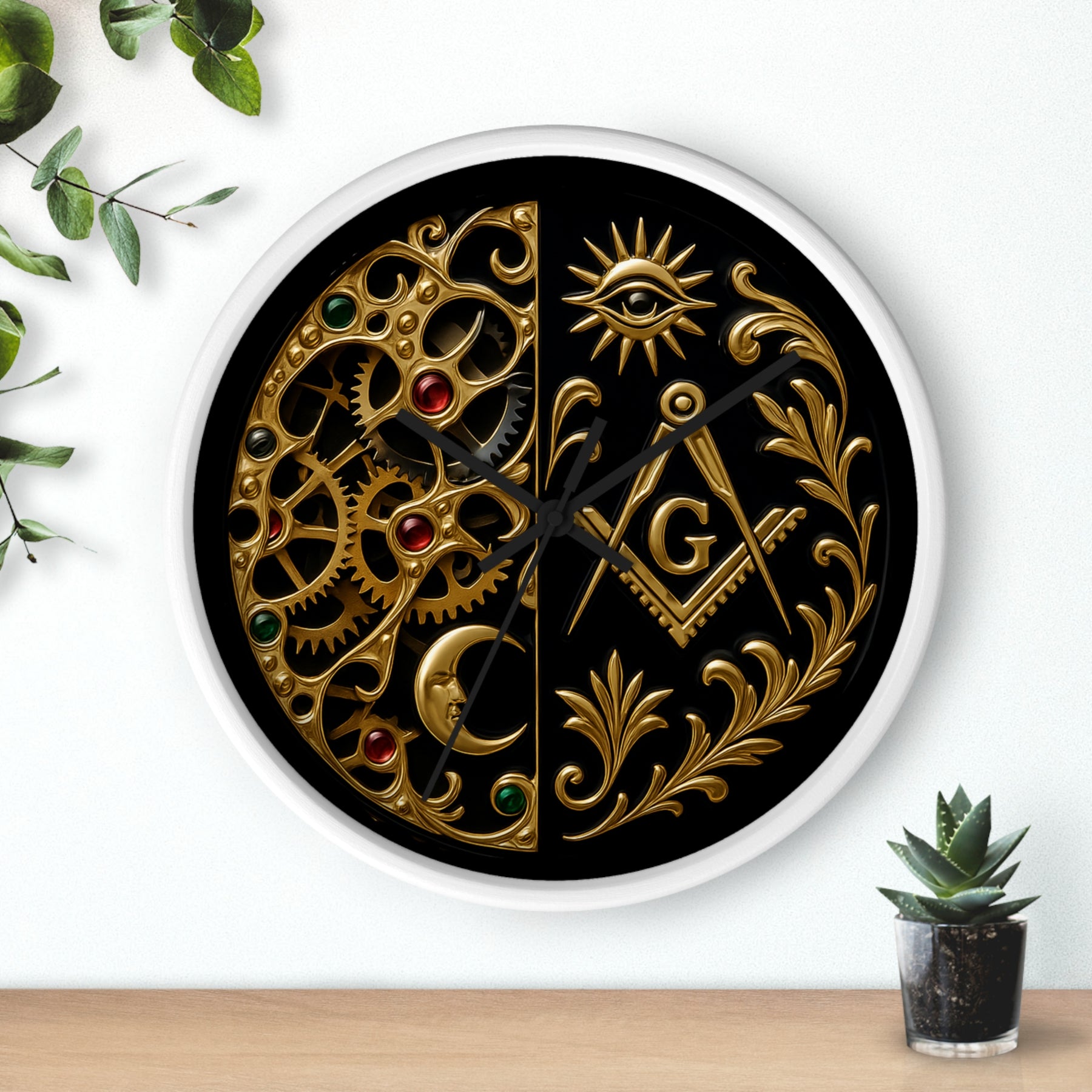 Master Mason Blue Lodge Clock - Split Dial Gear with Moon S&C G with Eye - Bricks Masons