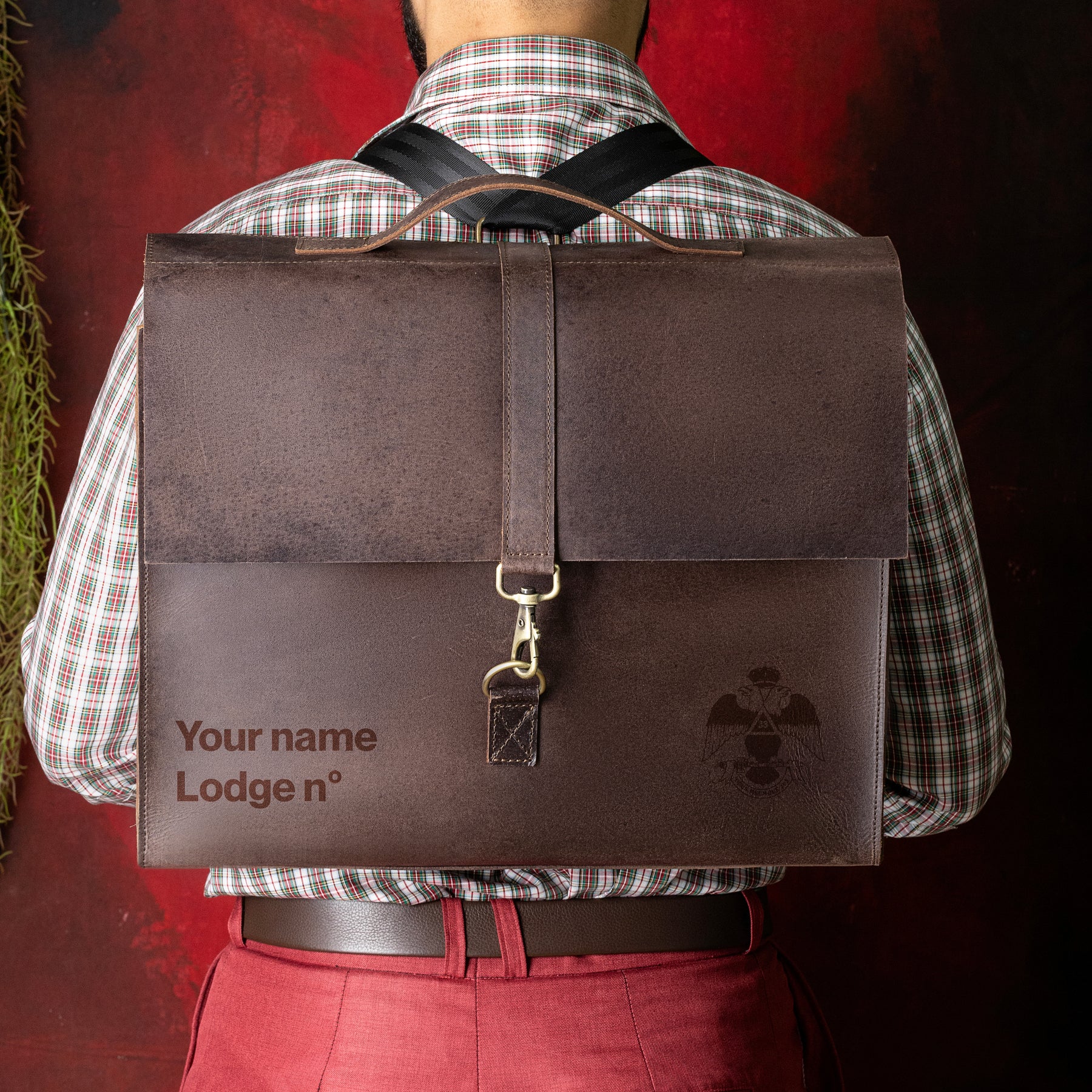 33rd Degree Scottish Rite Briefcase - Wings Down Genuine Cow Leather Convertible Bag - Bricks Masons