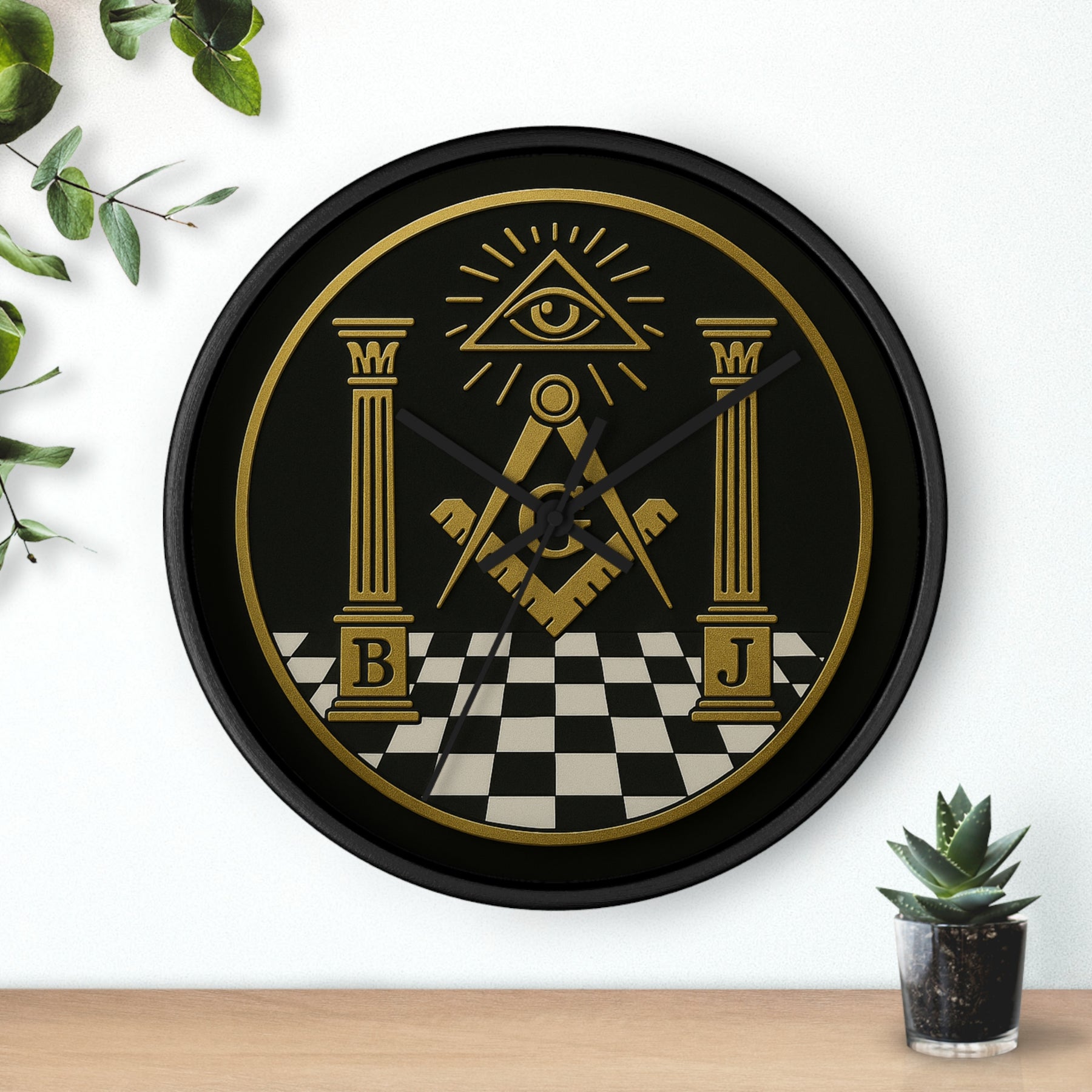 Master Mason Blue Lodge Clock - S&C with Pillars in Wooden Frame - Bricks Masons