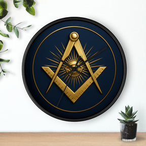 Master Mason Blue Lodge Clock - Wood Frame with Eye Square & Compass Symbol - Bricks Masons