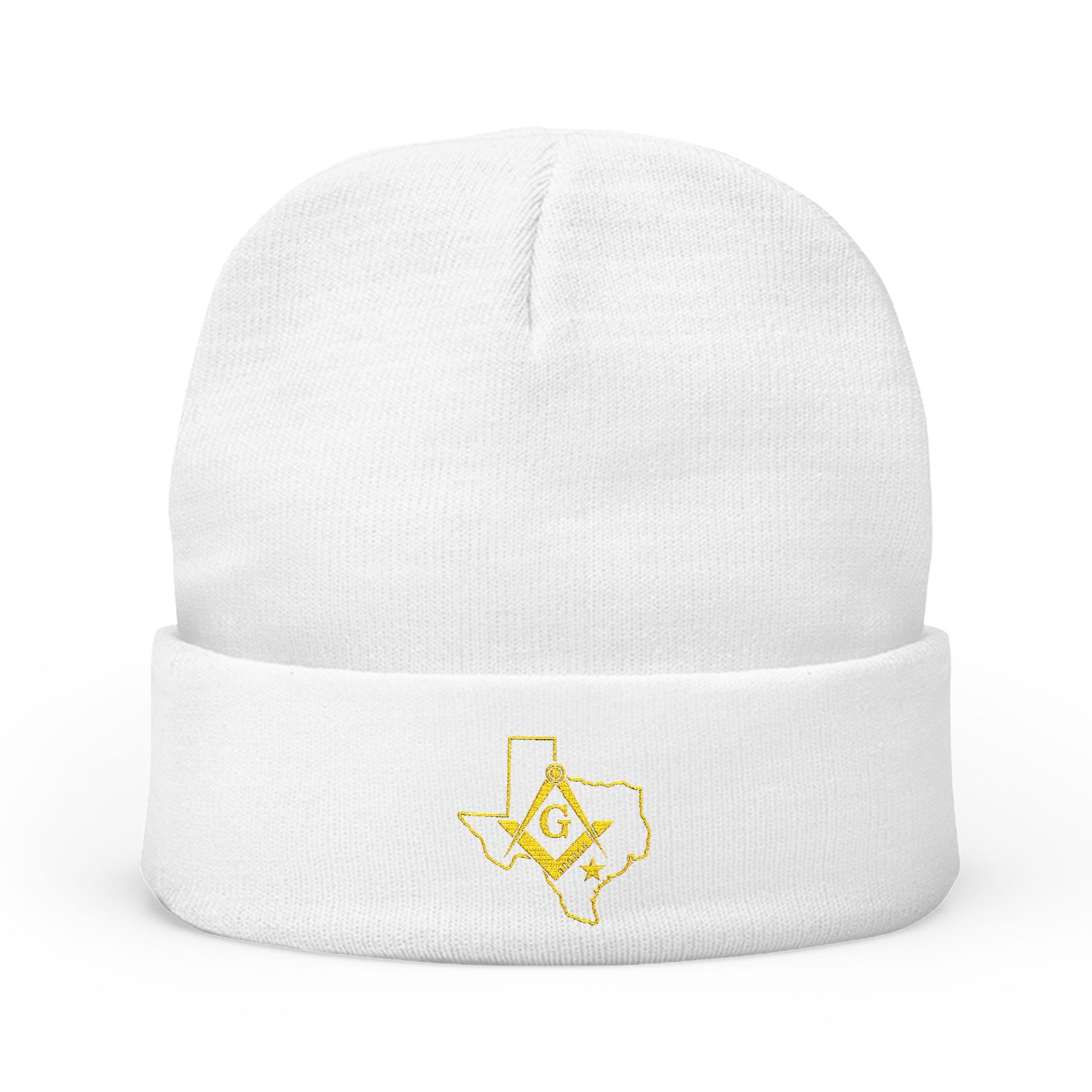 Master Mason Blue Lodge Beanie - Knit Embroidery Gold Square & Compass G Texas Mason - Bricks Masons