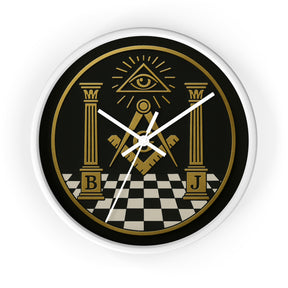 Master Mason Blue Lodge Clock - S&C with Pillars in Wooden Frame - Bricks Masons