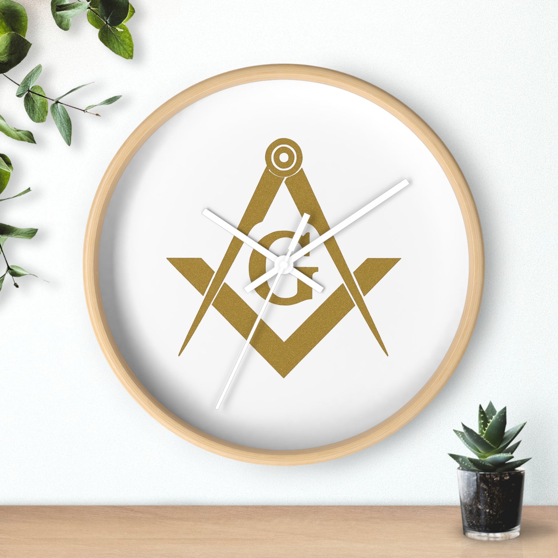 Master Mason Blue Lodge Clock - Golden Square & Compass G on White Dial - Bricks Masons