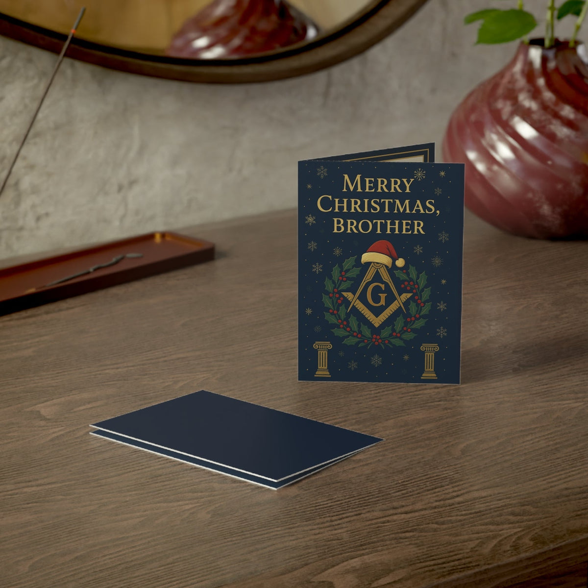 Master Mason Blue Lodge Greeting Card - Square & Compass G with Pillars Christmas Edition - Bricks Masons