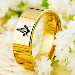 Master Mason Blue Lodge Ring - Gold Color Pipe Cut Tungsten Personalizable - Bricks Masons