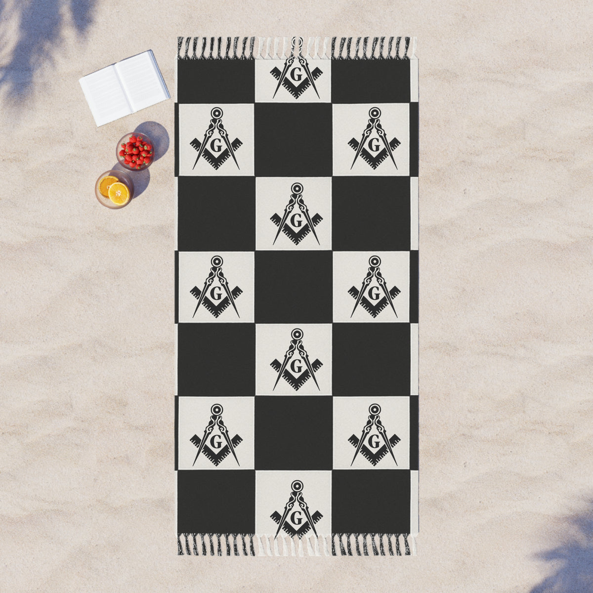 Master Mason Blue Lodge Towel - S & C With Chekered Pattern Beach Cloth - Bricks Masons