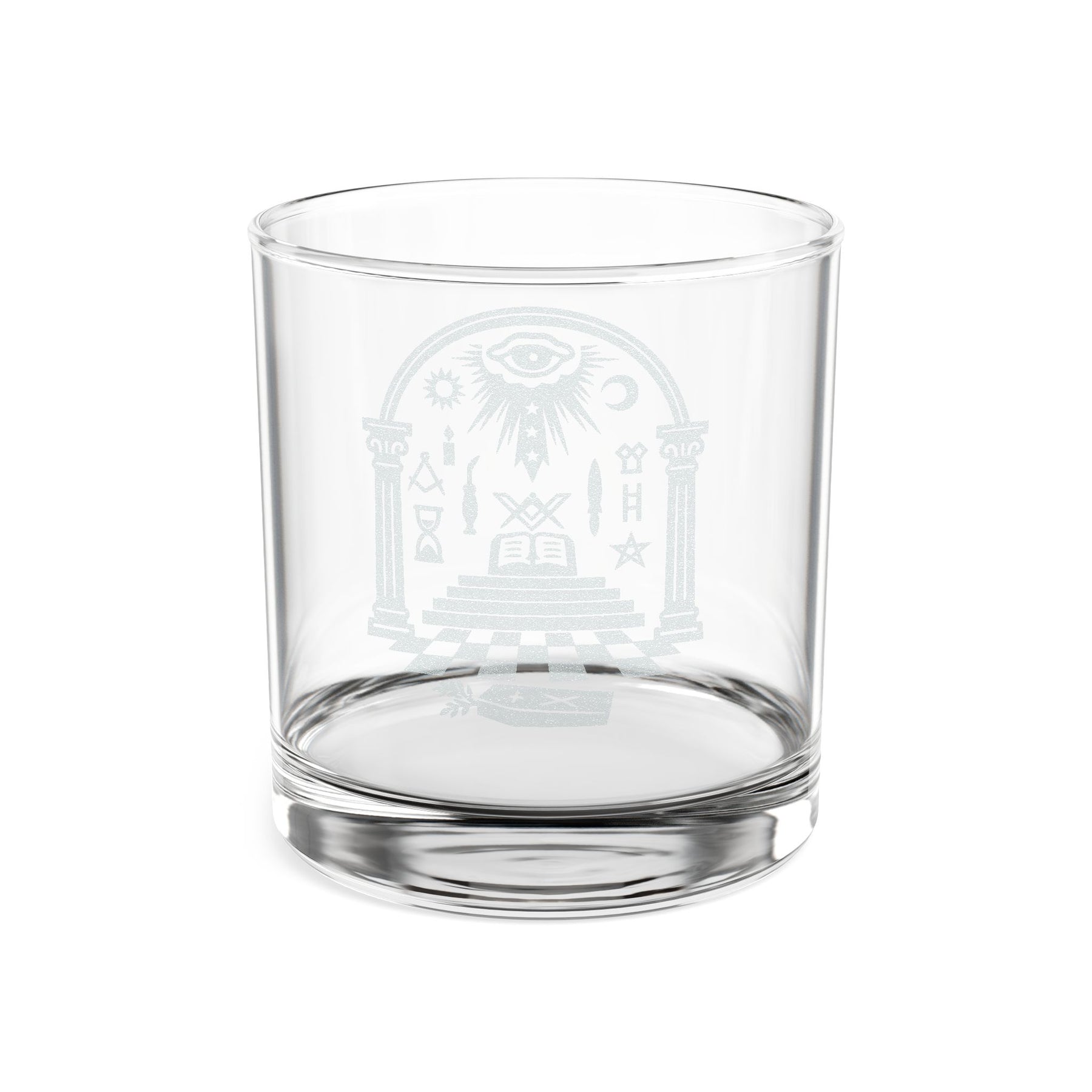 Vaso de whisky de la Logia Azul de Maestro Masón - Pilares de suelo a cuadros, Ojo que todo lo ve y herramientas