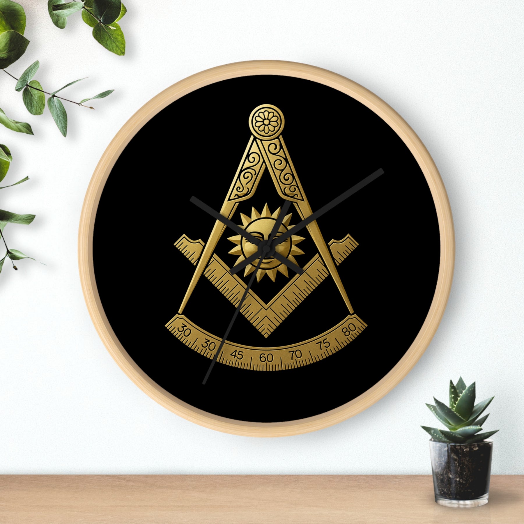 Past Master Blue Lodge Clock - Square Compass Sun & Quadrant Emblem on Wood Frame - Bricks Masons