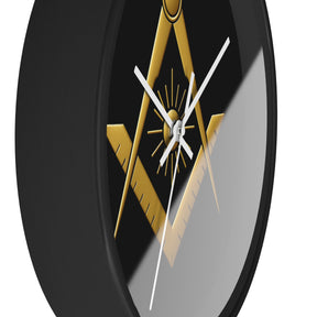 Master Mason Blue Lodge Clock - Golden S&C with Sun in Wooden Frame - Bricks Masons