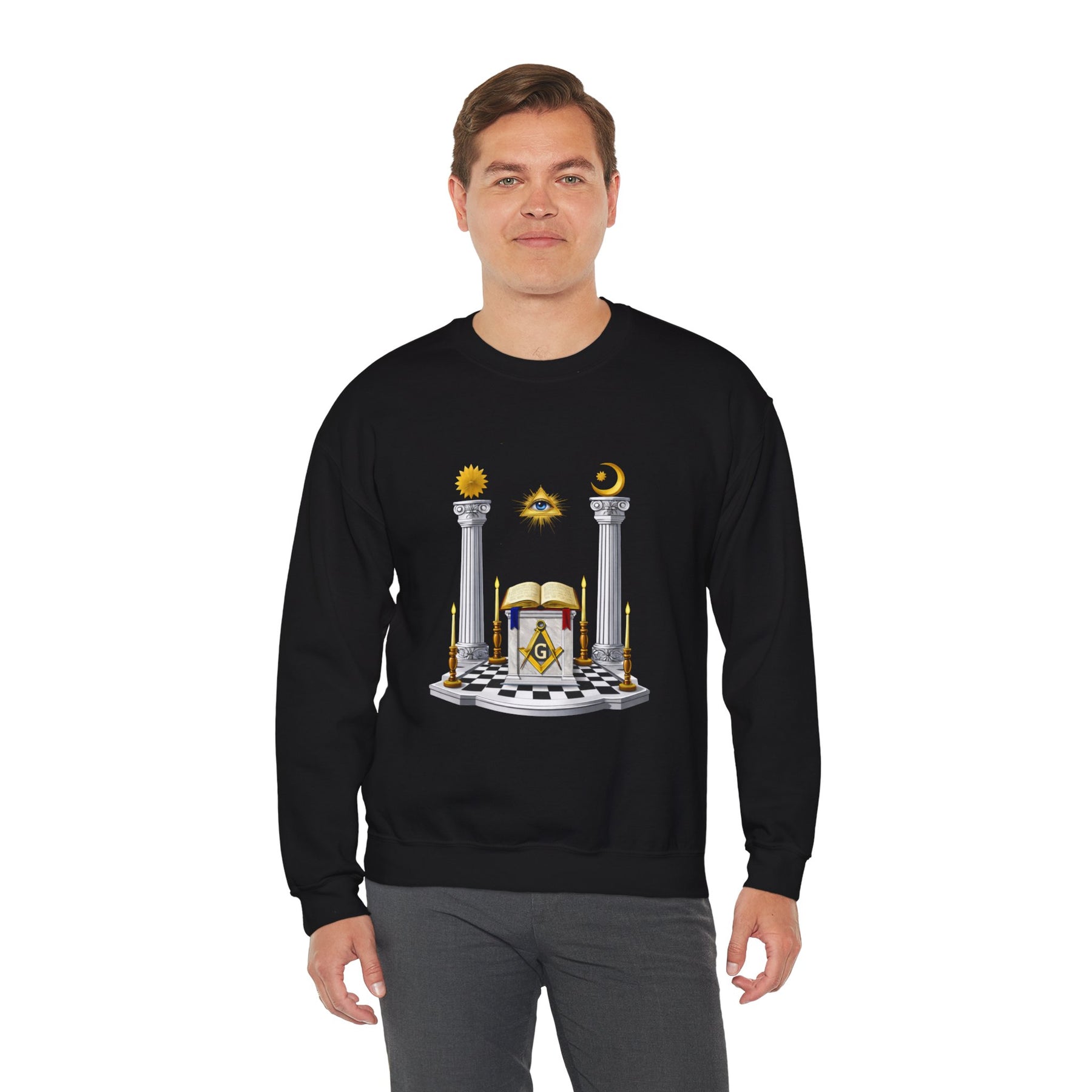Master Mason Blue Lodge Sweatshirt - S&C G with Altar Pillars and Eye on Checkered Floor