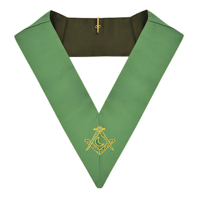 Junior Deacon Cerneau Rite Officer Collar - Green Ribbon Machine Embroidery