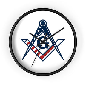Master Mason Blue Lodge Clock - Square & Compass G with American Flag Design - Bricks Masons
