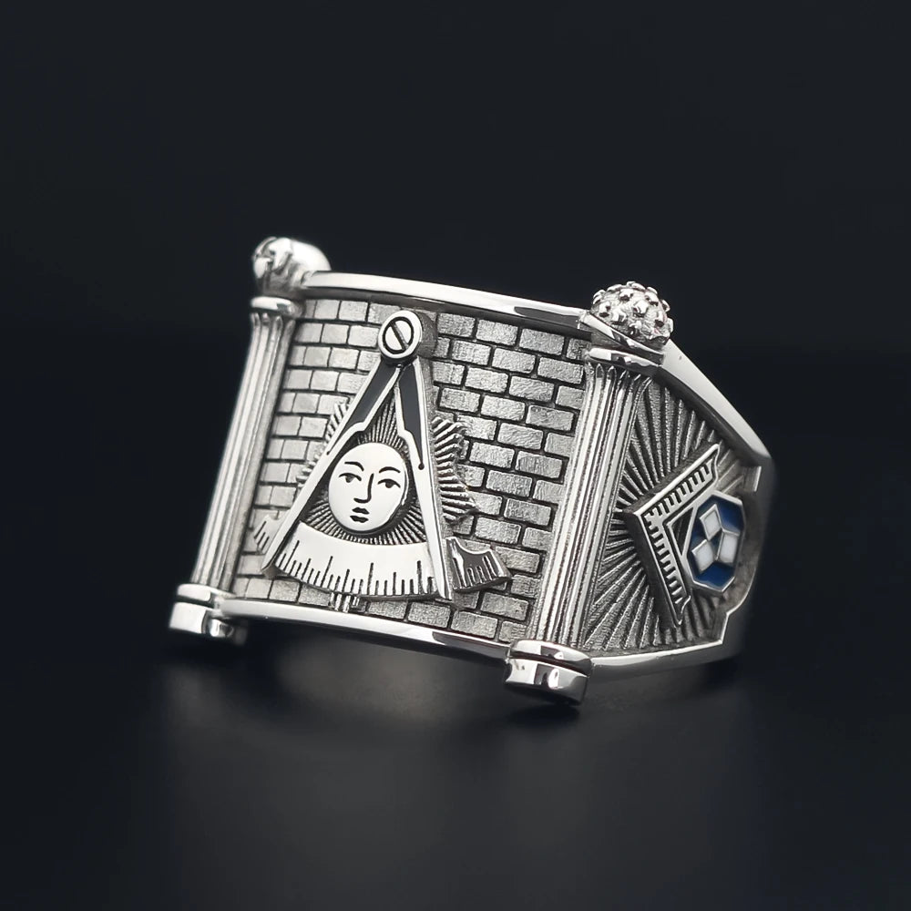 Past Master Blue Lodge Ring - Quadrant & Compass Sun with Twin Pillars Sterling Silver